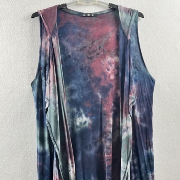 Coin 1804 Hooded Grunge Tie Dye Duster Open Cardigan M Fairy Olive Green Navy - Picture 1 of 9